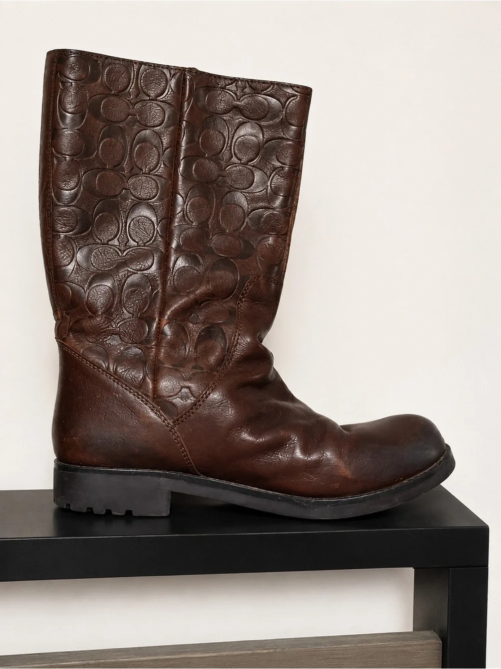 Coach Brown Embossed Leather Lace-Up Mid-Calf Boots
